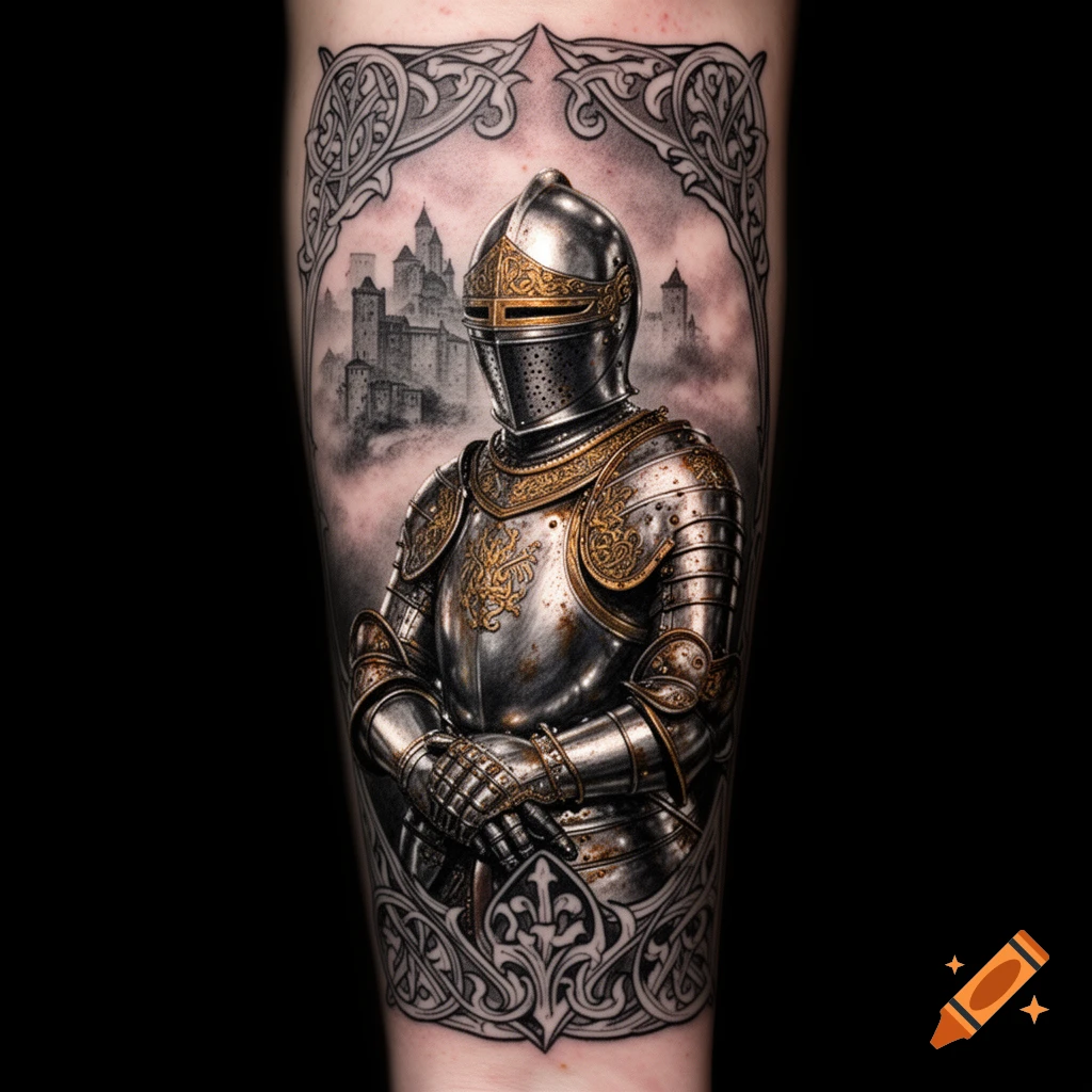 A detailed tattoo depicting a knight in ornate, full plate armor with a castle background, framed by decorative patterns.