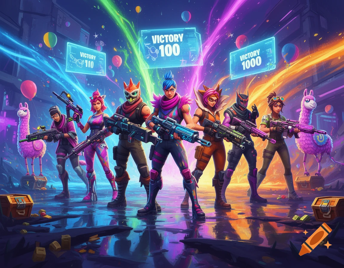 Stylized Fortnite characters holding futuristic guns in a neon-lit victory scene with floating llamas and balloons.