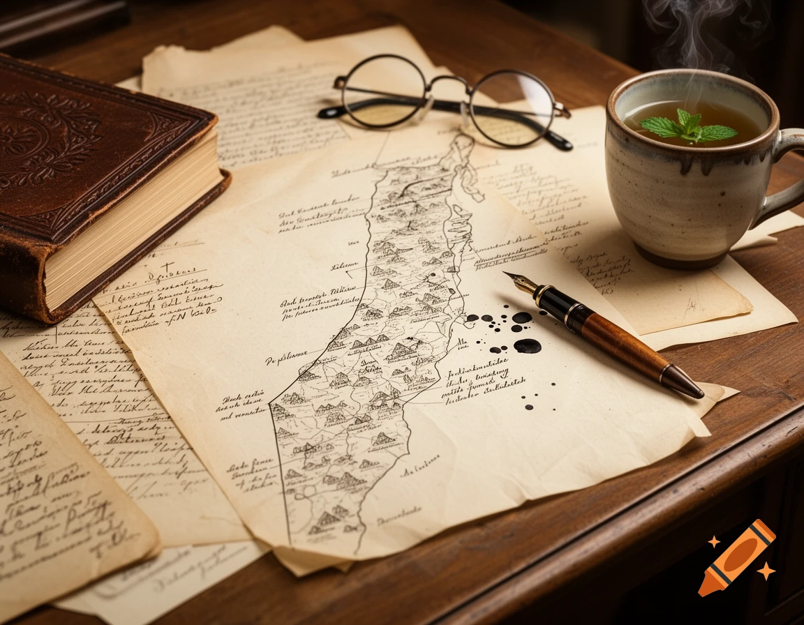 A vintage desk scene with an old map, papers, book, round glasses, fountain pen, and a steaming cup of tea with mint.