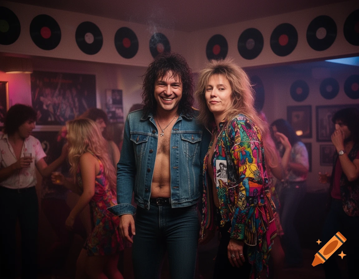 A smiling man in a denim jacket and a woman in a colorful shirt pose at a 70s/80s style party with vinyl records on the wall.