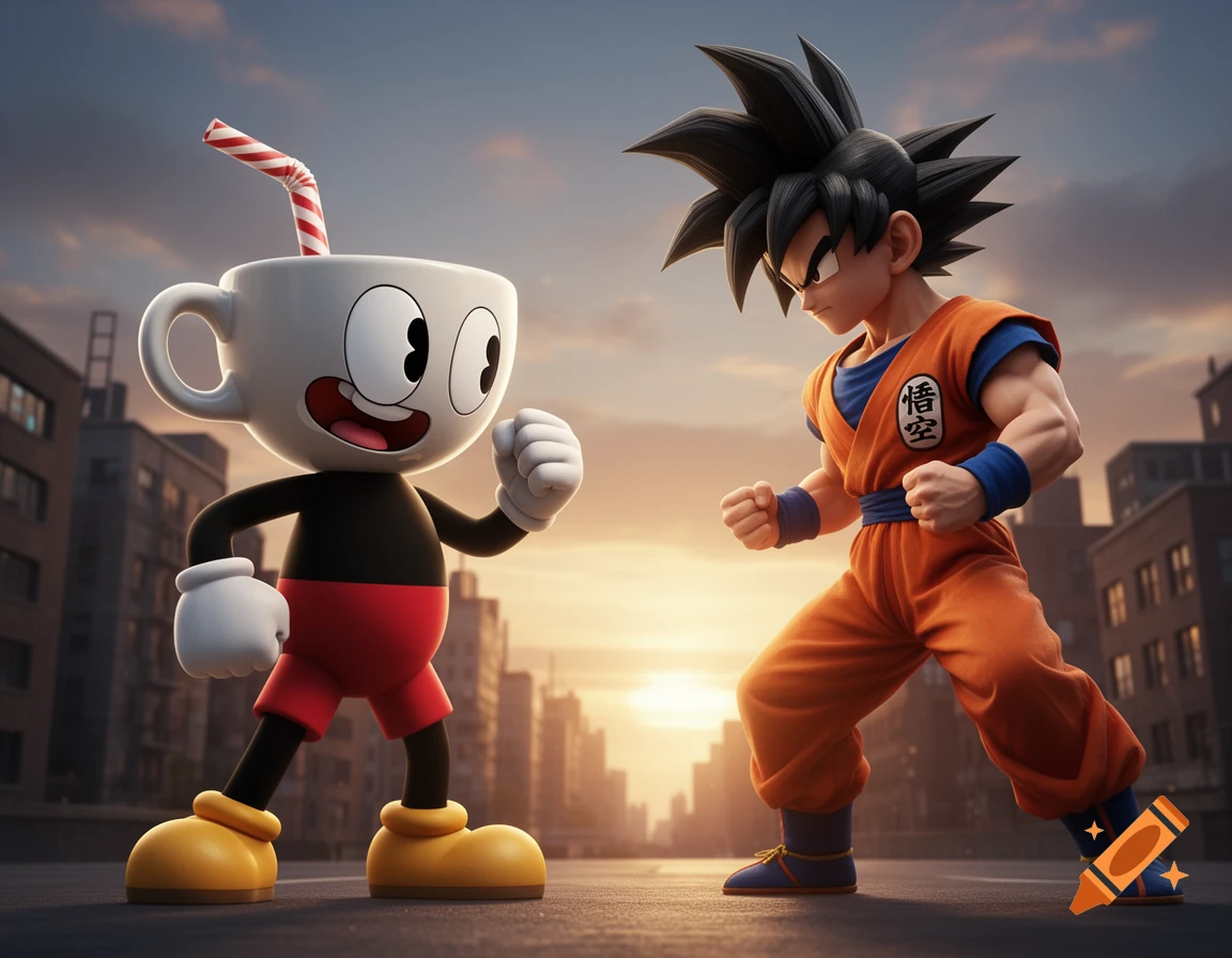 Cuphead and Goku stand facing each other in a stylized, city street at sunset, ready to fight.