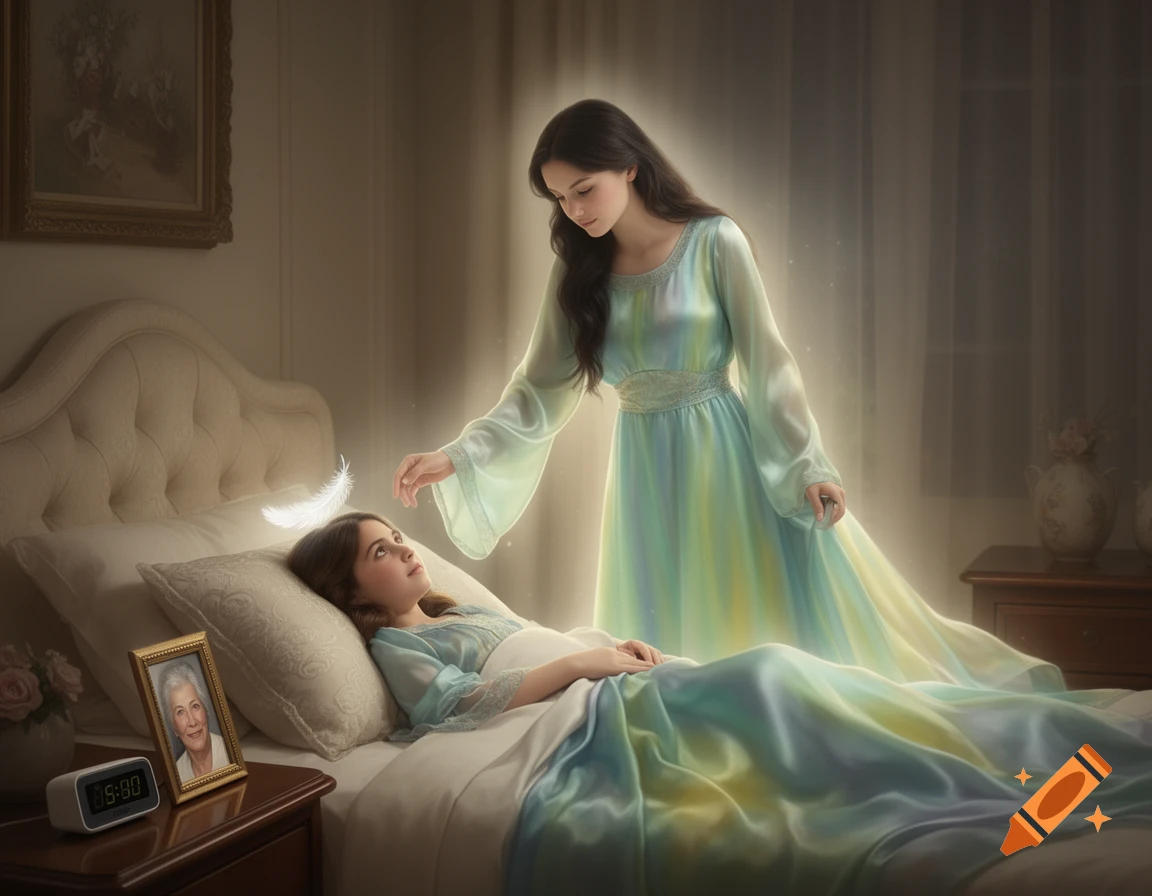 A glowing ethereal woman places a feather on a sleeping girl's pillow in a bedroom, with a framed photo on the nightstand.