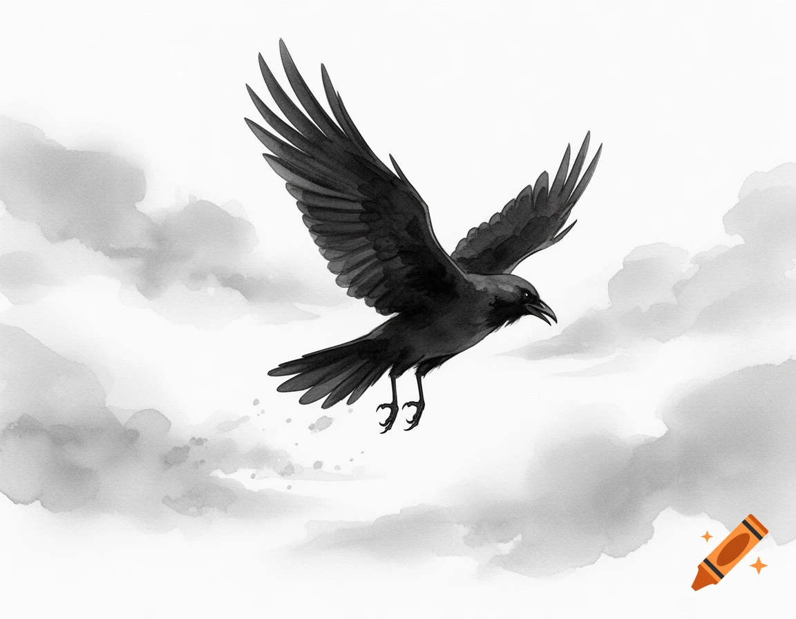 A black and white watercolor drawing of a crow with outstretched wings flying amidst wispy clouds.