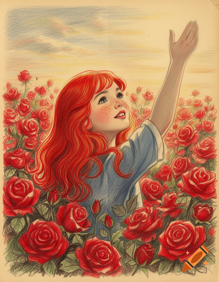 A red-haired girl with freckles reaches her hand to the sky, surrounded by vibrant red roses, in a colored pencil illustration style.
