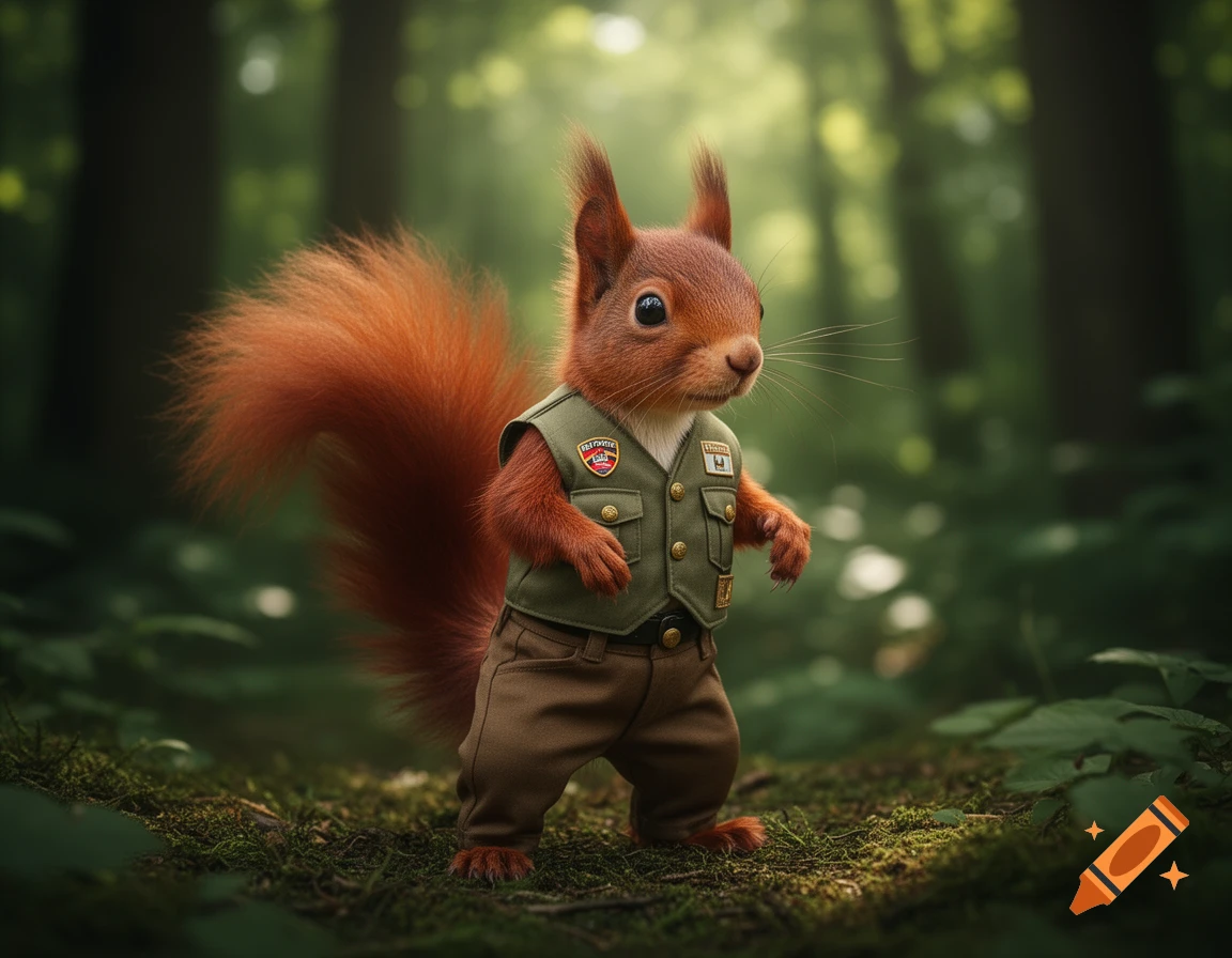 Photorealistic red squirrel in a green uniform and brown pants standing in a sunlit forest.