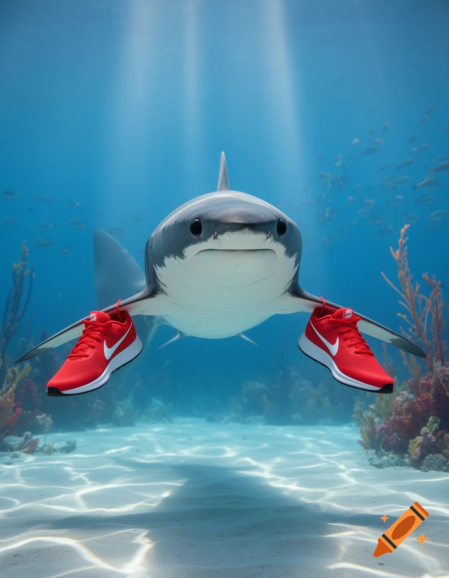 A photorealistic great white shark swims underwater, comically wearing bright red Nike sneakers.