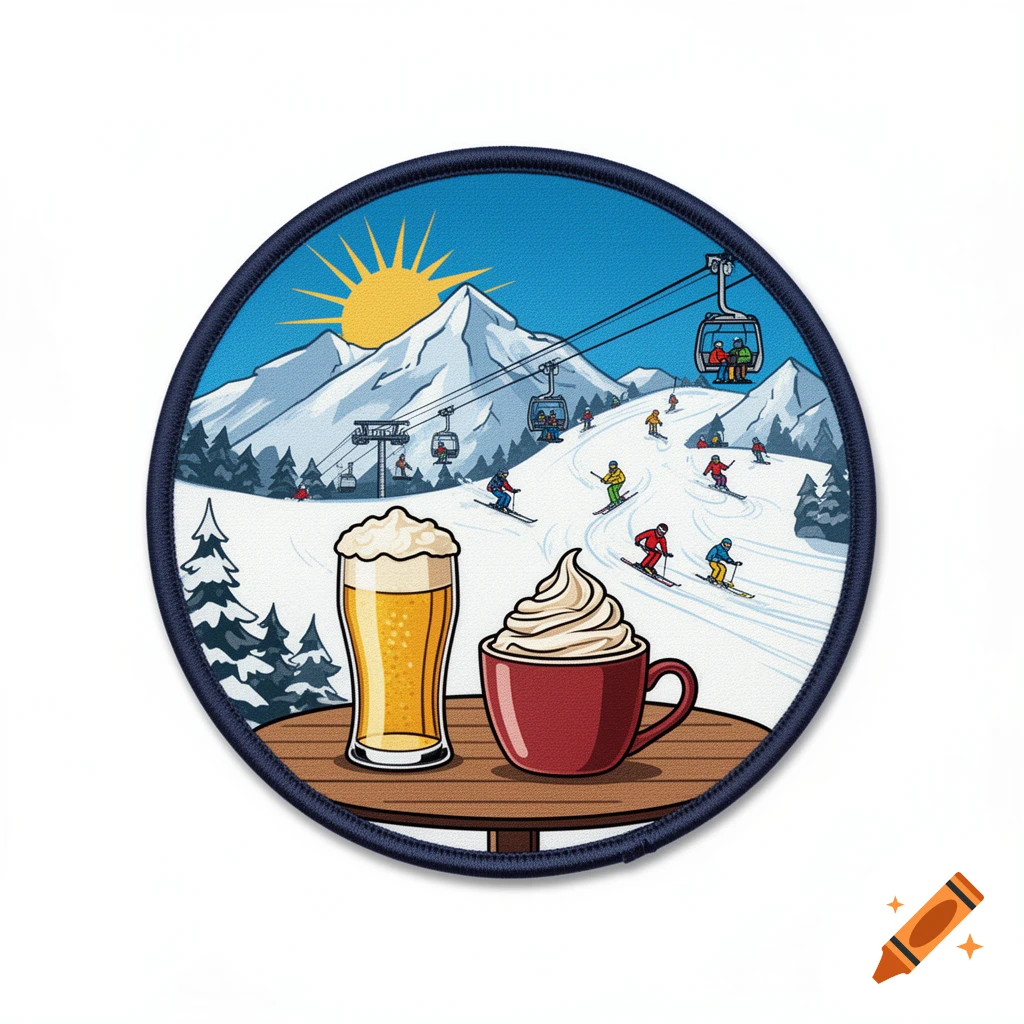 Cartoon patch of a snowy mountain ski resort with skiers, chairlifts, a glass of beer, and hot chocolate on a table in the foreground.