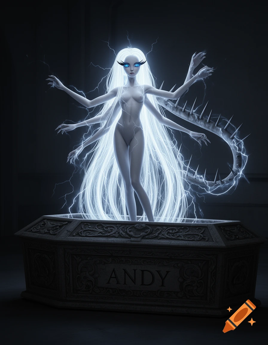 A multi-armed, ethereal female creature with glowing white hair and blue eyes stands on a dark coffin, surrounded by electricity. The coffin reads 'ANDY'.