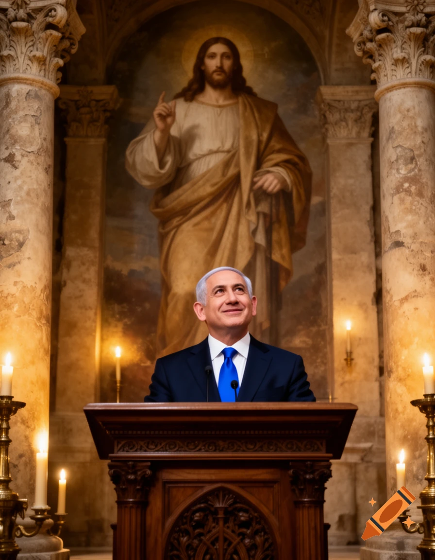 Benjamin Netanyahu stands at a wooden podium in a church-like setting, looking up with a slight smile, with a large painting of Jesus Christ behind him.