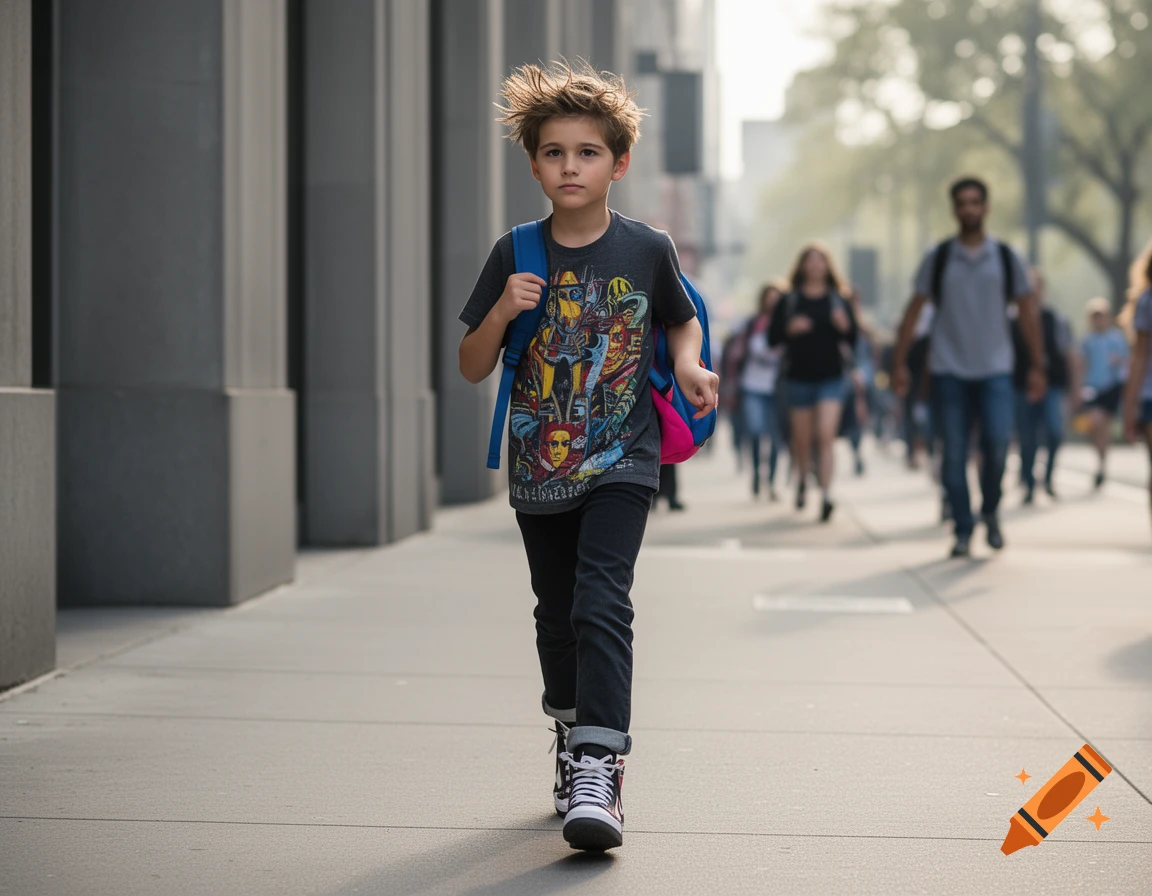 A young boy with spiky hair and a colorful t-shirt walks down a city sidewalk with a blue and pink backpack. Blurred people are in the background.