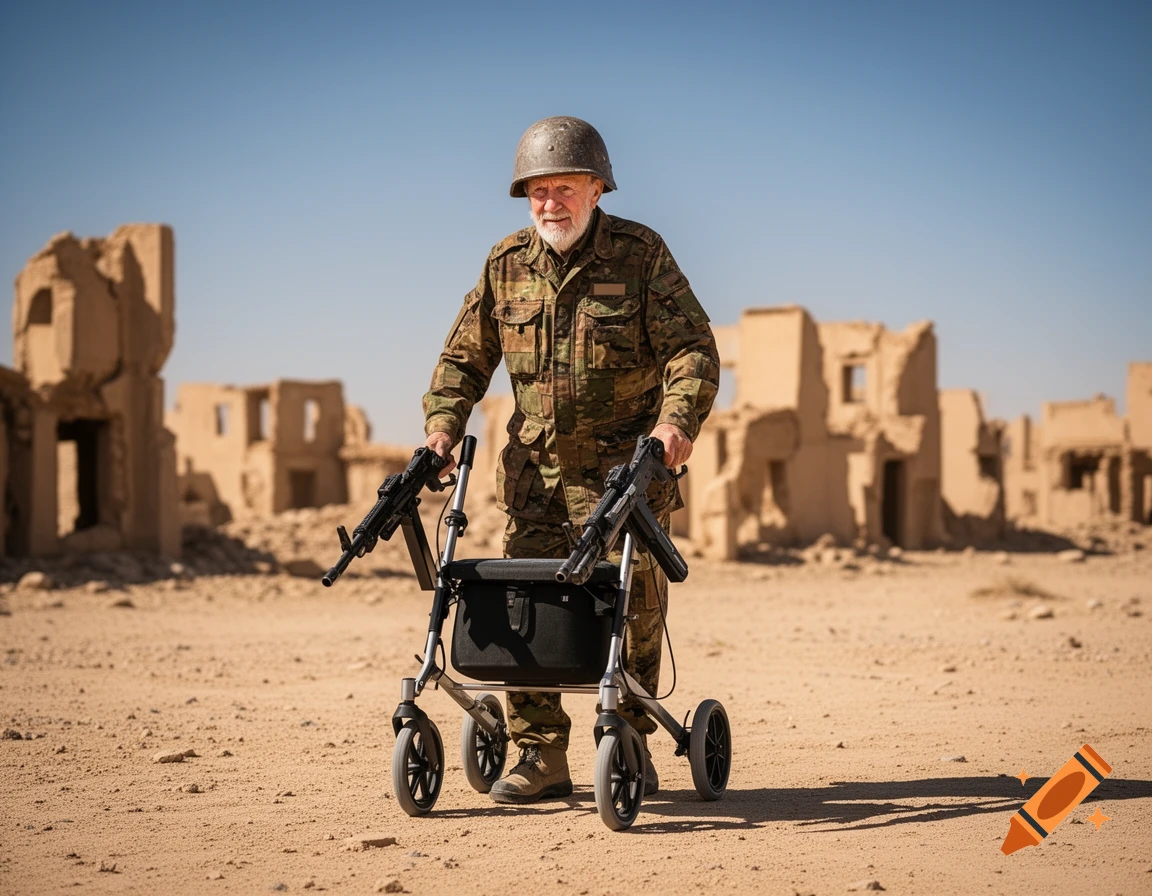 An elderly man in military fatigues and a helmet pushes a walker with two machine guns attached through a desert with ruined buildings under a clear sky.