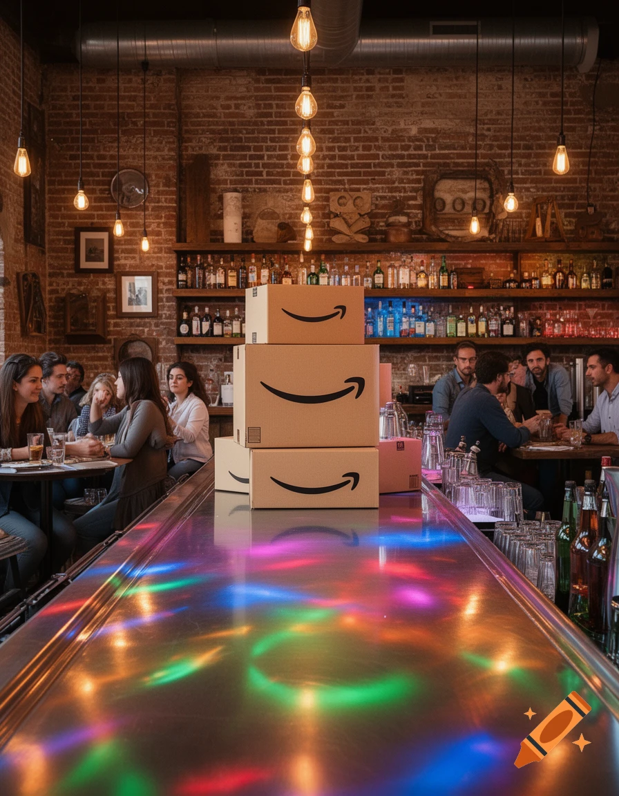 Photorealistic image of Amazon boxes on a bar counter with colorful light reflections, while people socialize in the background.