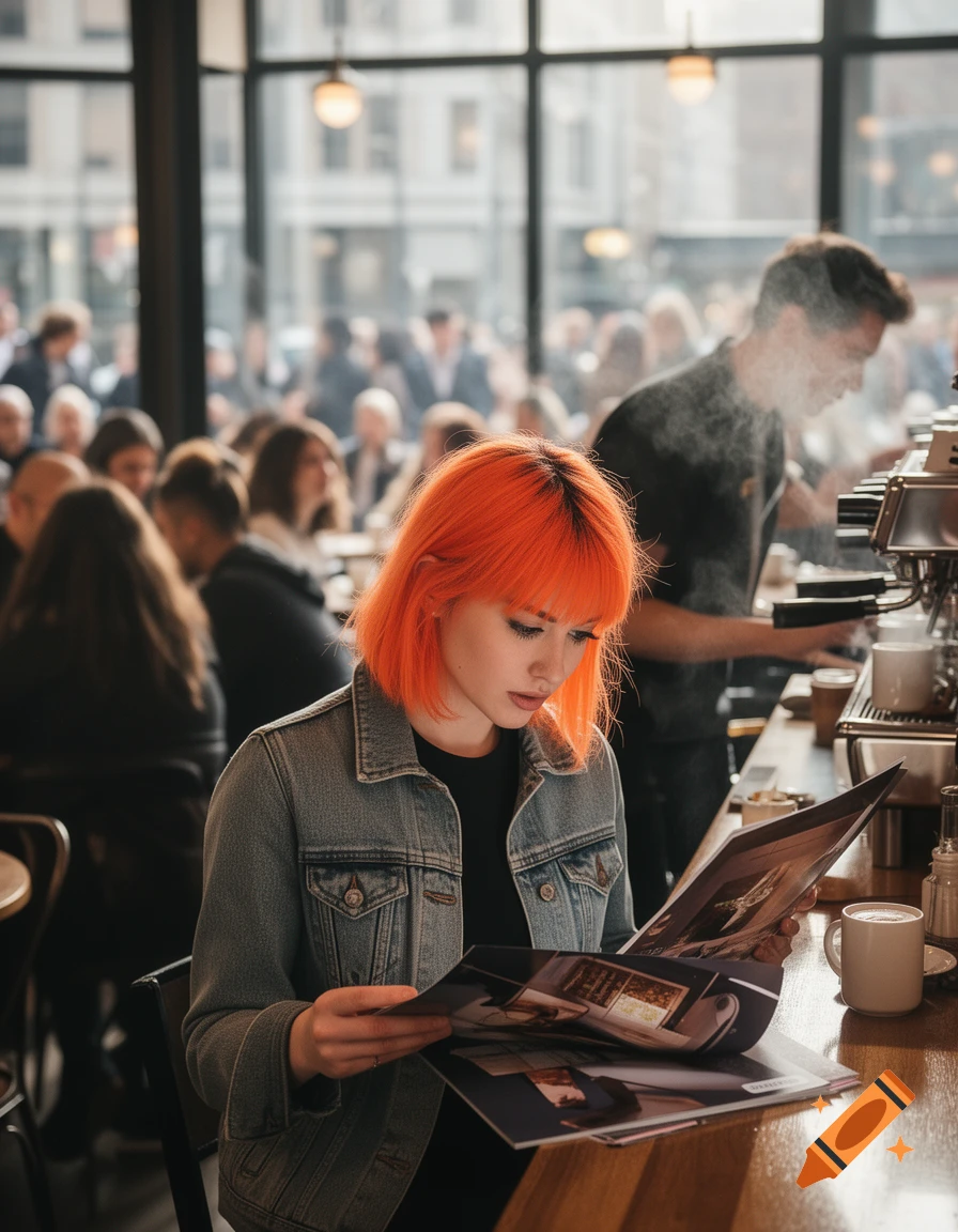 A woman with vibrant orange hair in a denim jacket sits at a coffee shop, looking down at a magazine. A barista works in the background.