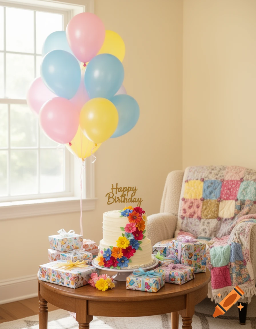 A white birthday cake with colorful flowers and a 'Happy Birthday' topper on a wooden table with pastel balloons and wrapped gifts.