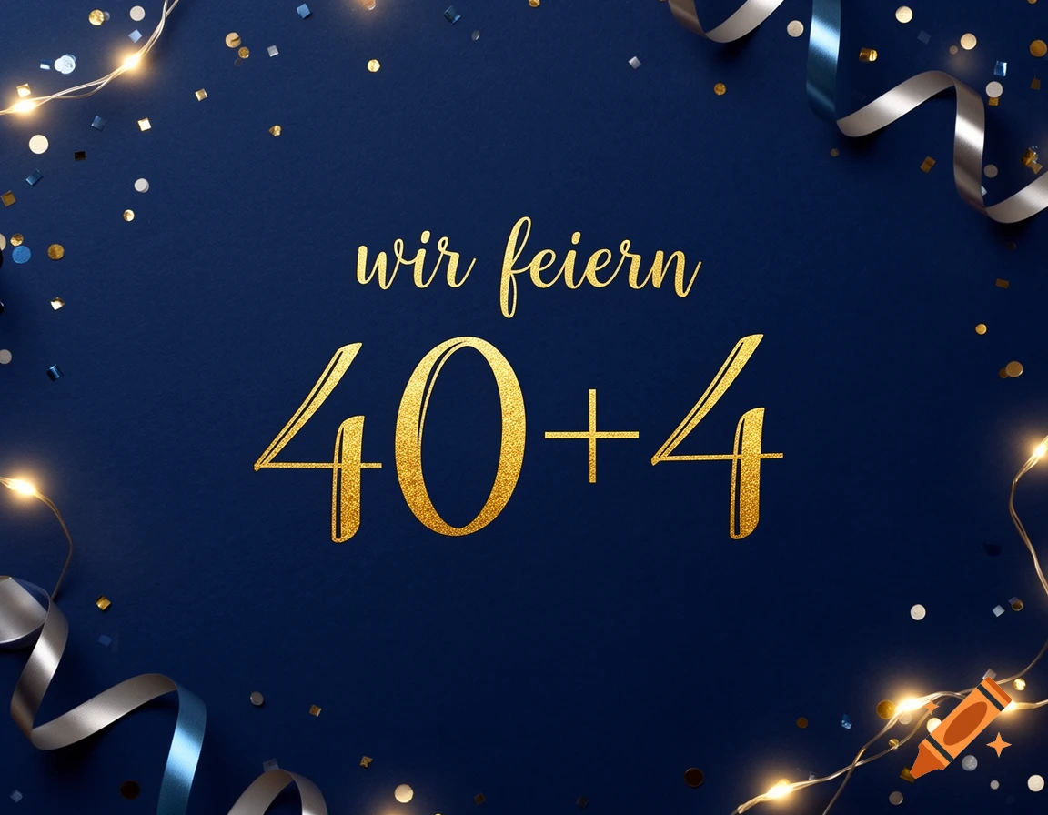 A festive dark blue birthday card with gold text "wir feiern 40+4", surrounded by confetti, ribbons, and string lights.