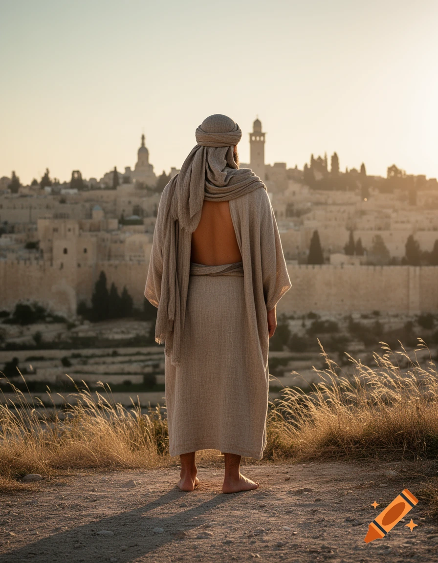 A person in a beige robe and turban, seen from behind, stands barefoot on a dirt path, looking at an ancient city skyline at sunset.