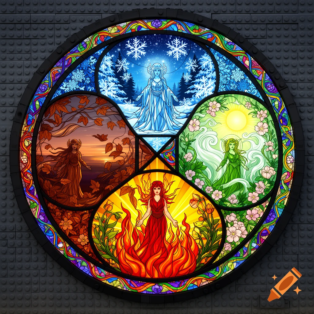 A round stained glass window in a Lego-style frame, depicting four female deities representing winter, spring, summer, and autumn.