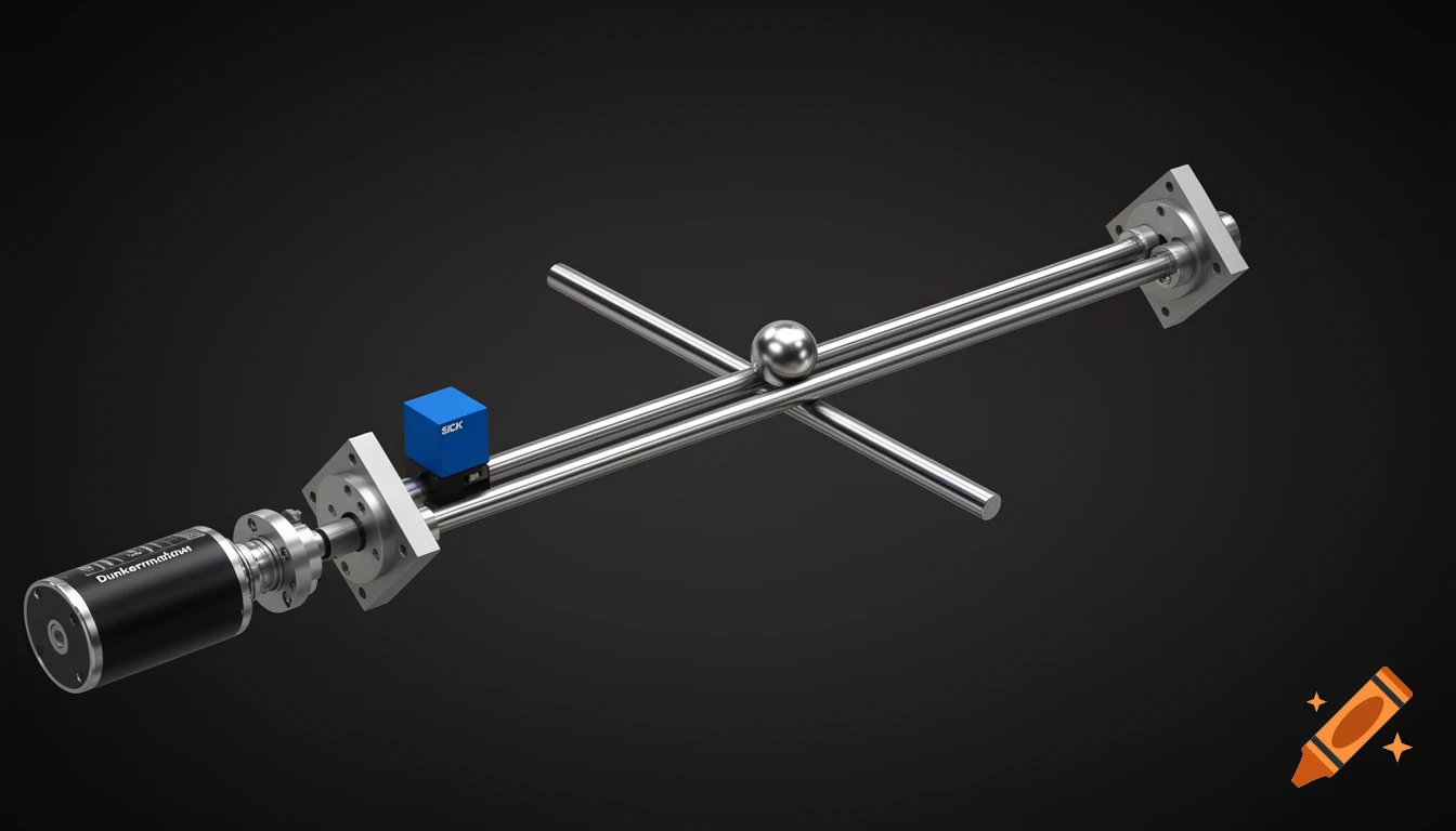 A photorealistic 3D CAD render of a ball and beam system with a blue SICK sensor and black Dunkermotoren on a dark background.