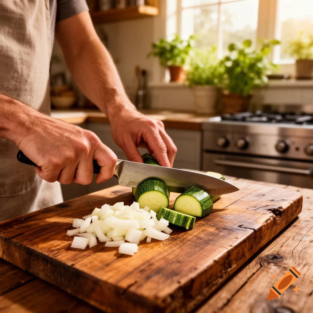 A person chopping zucchini and diced onions on a wooden cutting board in a sunlit kitchen, photorealistic style.
