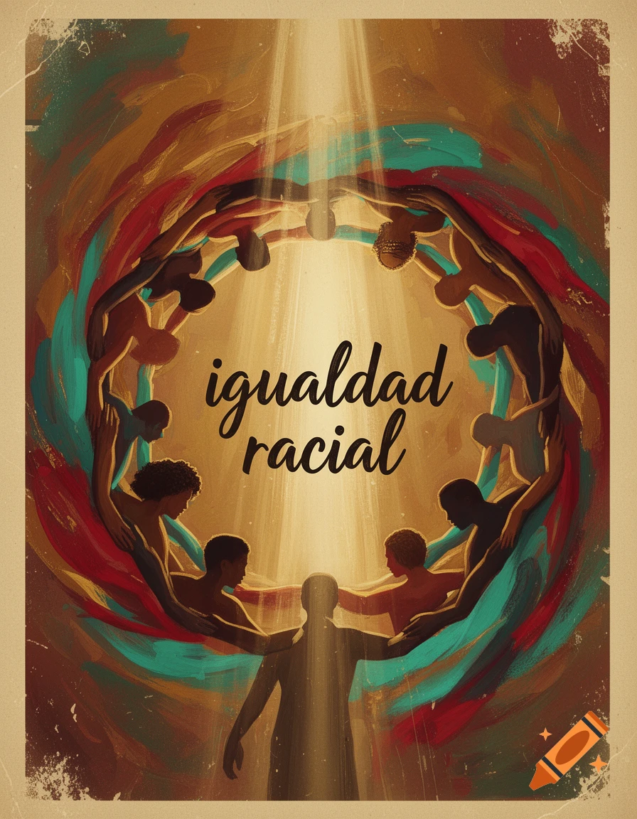 A stylized painting depicts diverse figures forming a circle around a bright light, with "igualdad racial" in the center, on a distressed poster background.