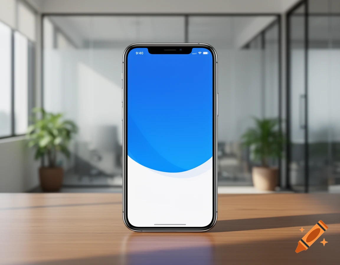 A photorealistic smartphone with a blue and white gradient screen rests on a wooden desk in a modern office.