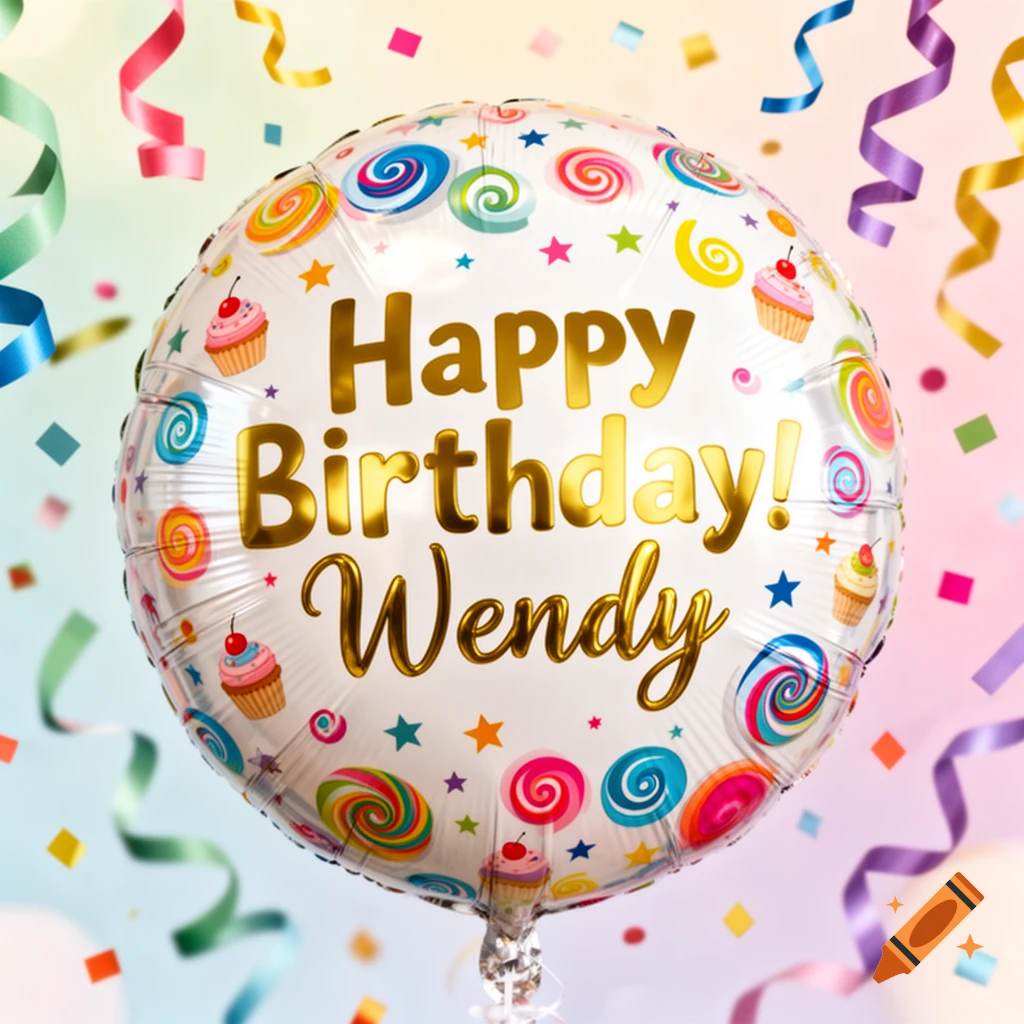 A white birthday balloon with "Happy Birthday! Wendy" in gold, surrounded by colorful candy, confetti, and streamers.