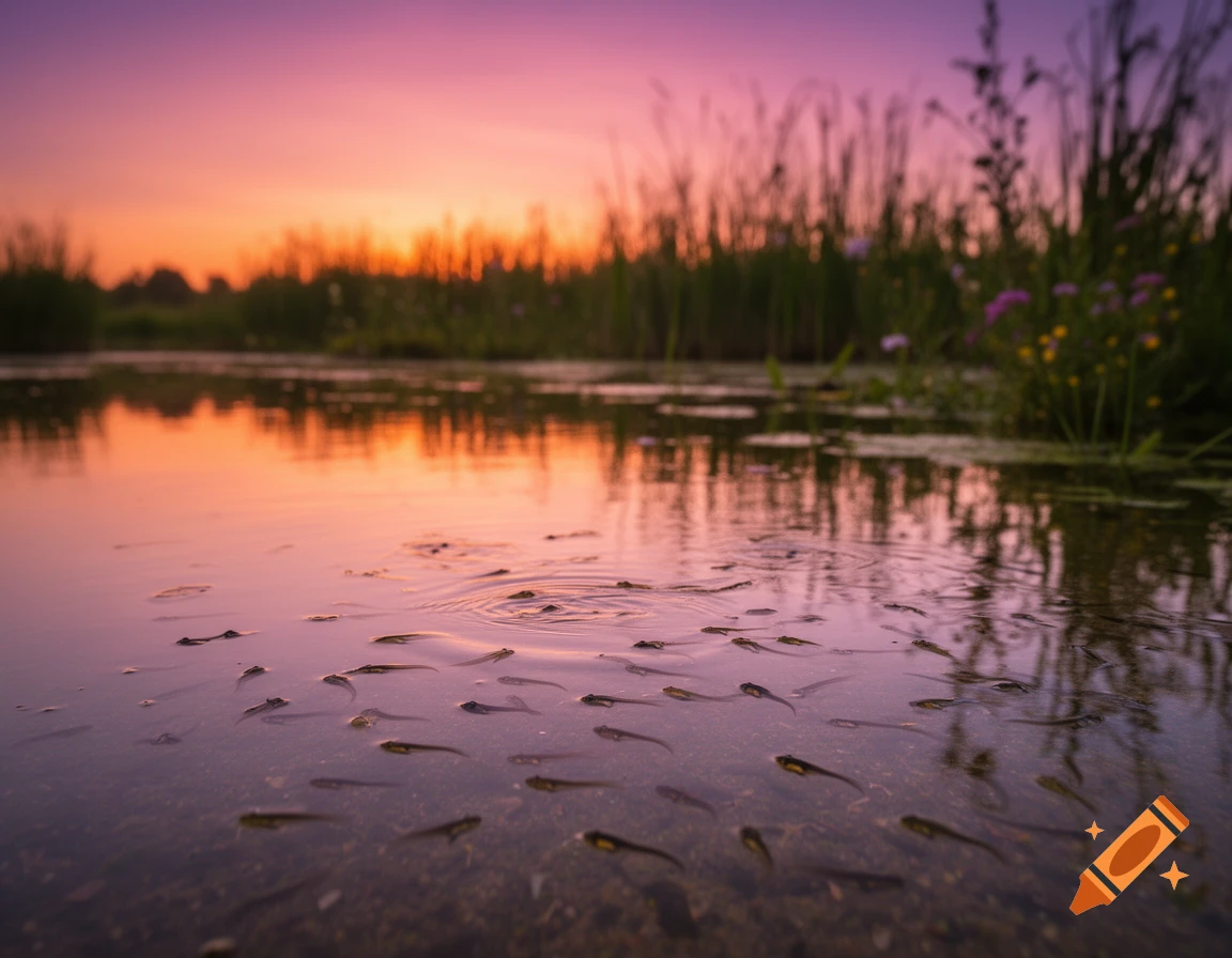 A shallow pond filled with tadpoles reflecting a vibrant orange and purple sunset sky and distant reeds.
