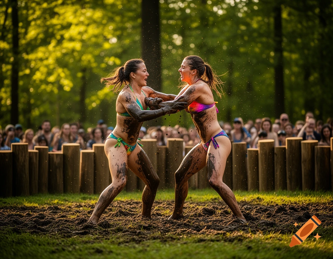 Two women, covered in mud, fiercely wrestle each other in bikinis outdoors, with spectators in the background.
