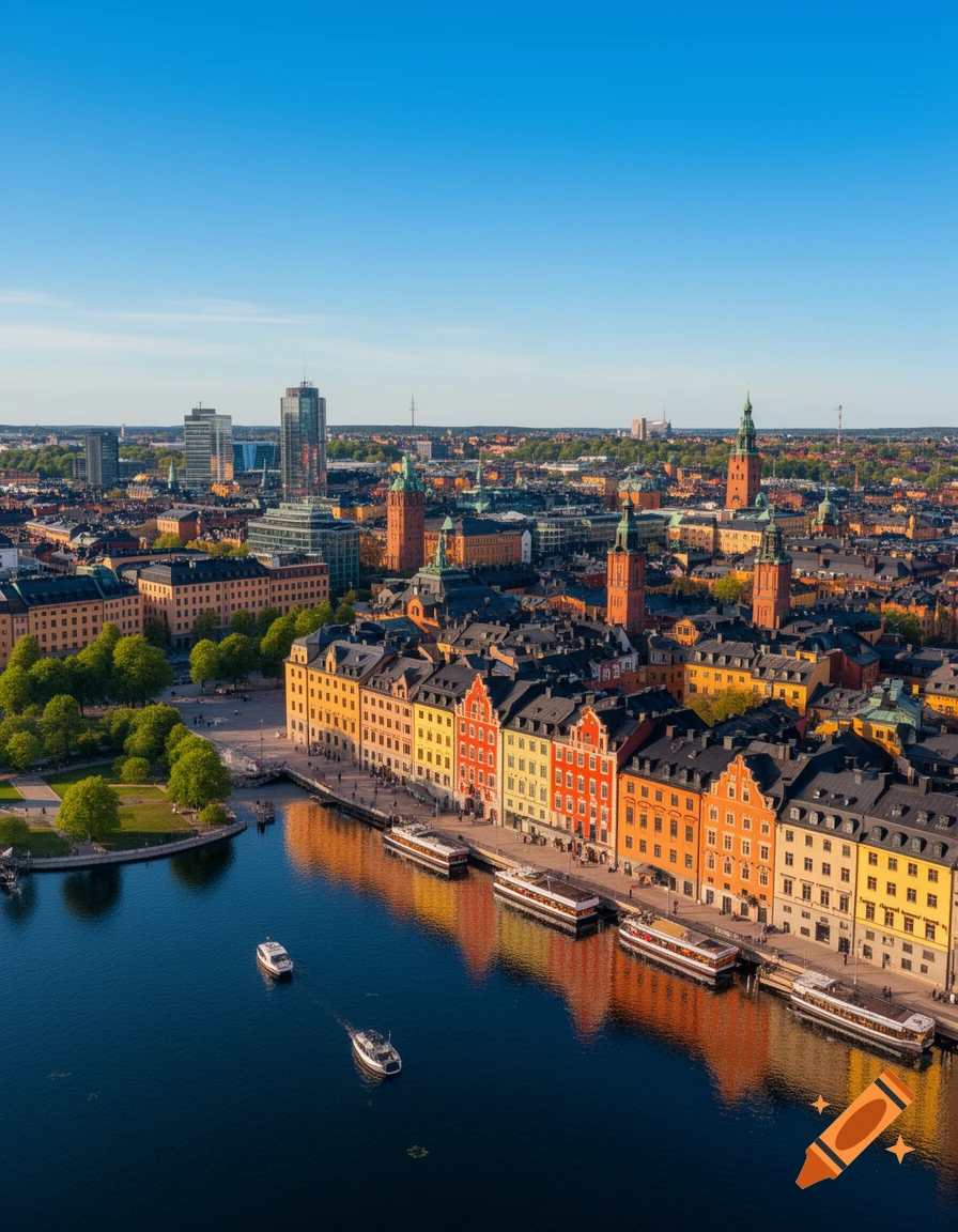 Aerial view of a vibrant cityscape featuring colorful buildings lining a dark blue river with boats.