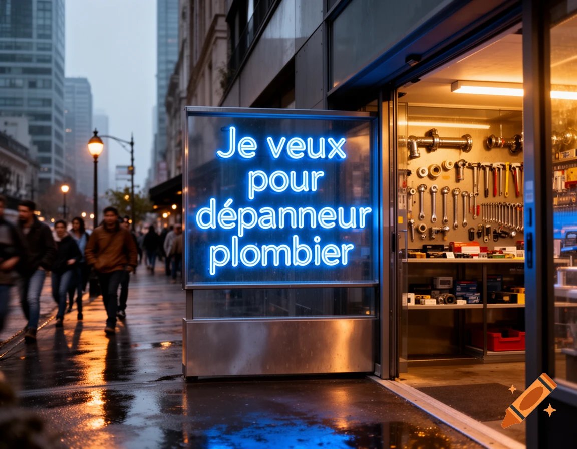 A photorealistic wet city street at dusk, with pedestrians and a shop. A glowing blue neon sign reading 'Je veux pour dépanneur plombier' illuminates the foreground.