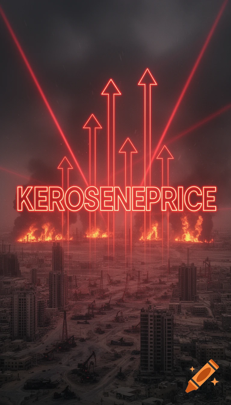 Dystopian city with burning oil fields under red neon 'KEROSENEPRICE' and upward arrows, symbolizing rising costs.