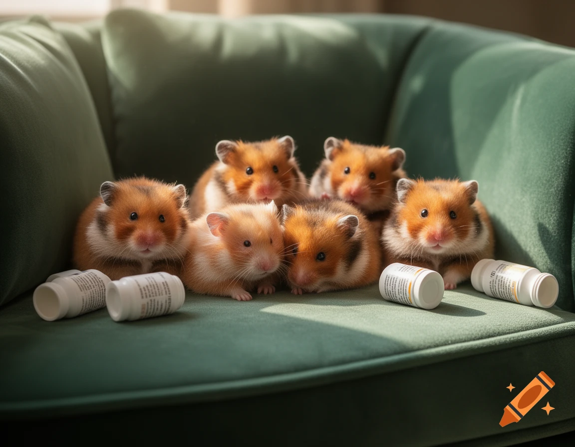 Several cute hamsters sit on a green couch next to white pill bottles in a photorealistic style.