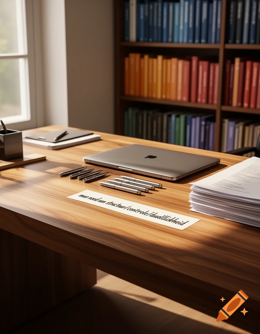 A photorealistic image of an organized wooden office desk with a closed laptop, pens, papers, and a bookshelf filled with books in the background.