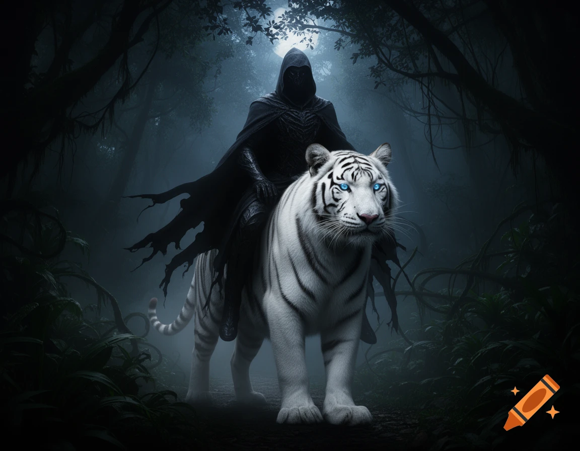 A dark hooded figure rides a white tiger with glowing blue eyes through a misty, moonlit fantasy forest.