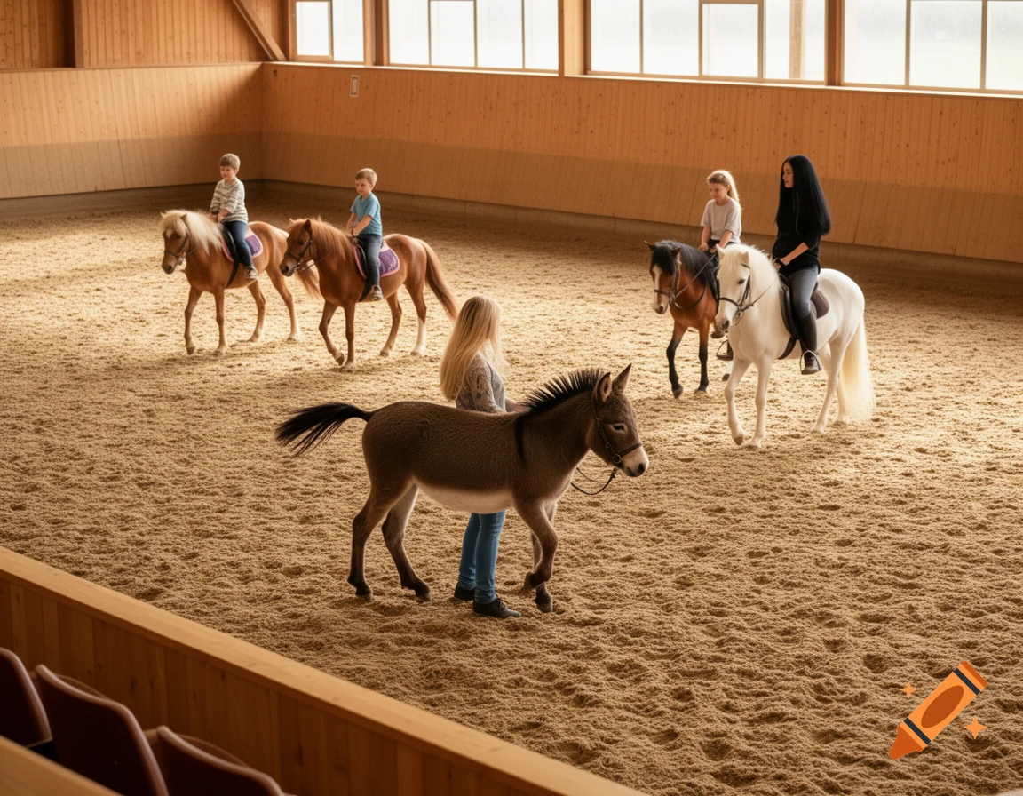 Children and a teenager ride ponies, while a woman does ground work with a mule in an indoor arena.