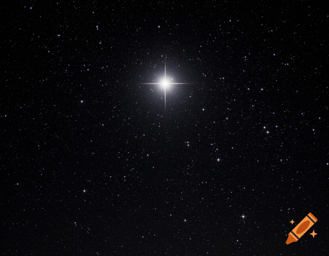 A dark night sky filled with countless stars and one very bright, large star at the center, radiating light.