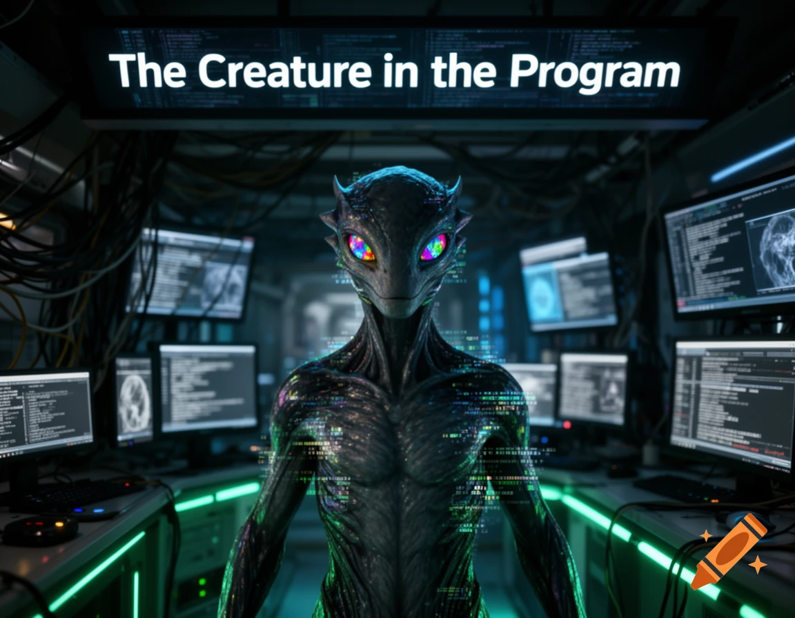 A futuristic alien creature with glowing eyes stands in a server room with monitors displaying code, text reads 'The Creature in the Program'.