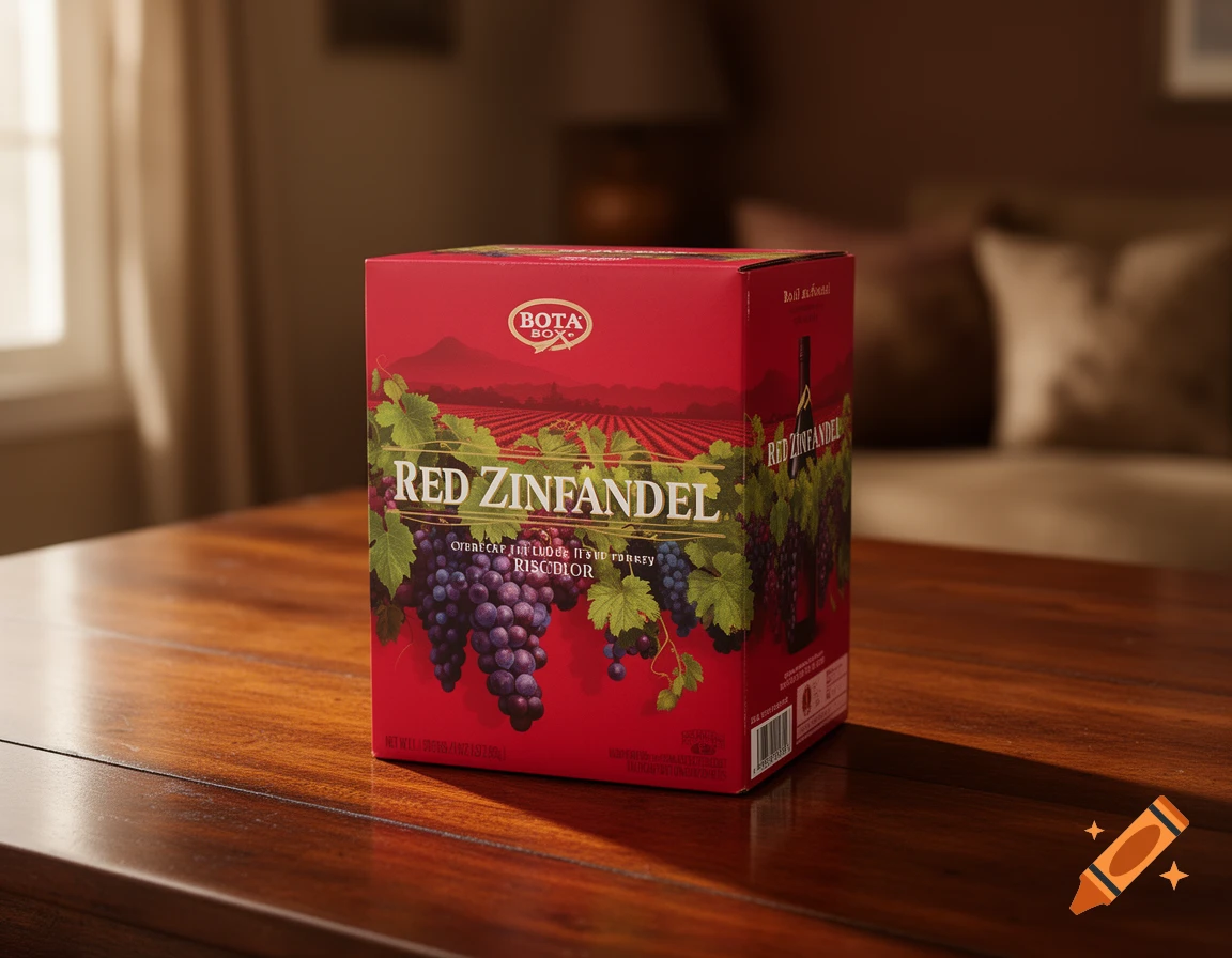 An unopened Bota Box Red Zinfandel wine box sits on a wooden table in a dimly lit room, with a window and couch in the background. Photorealistic style.