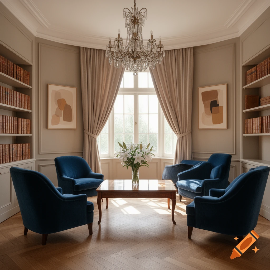 A photorealistic image of an elegant living room with blue armchairs, a chandelier, bookshelves, and a window with white flowers.