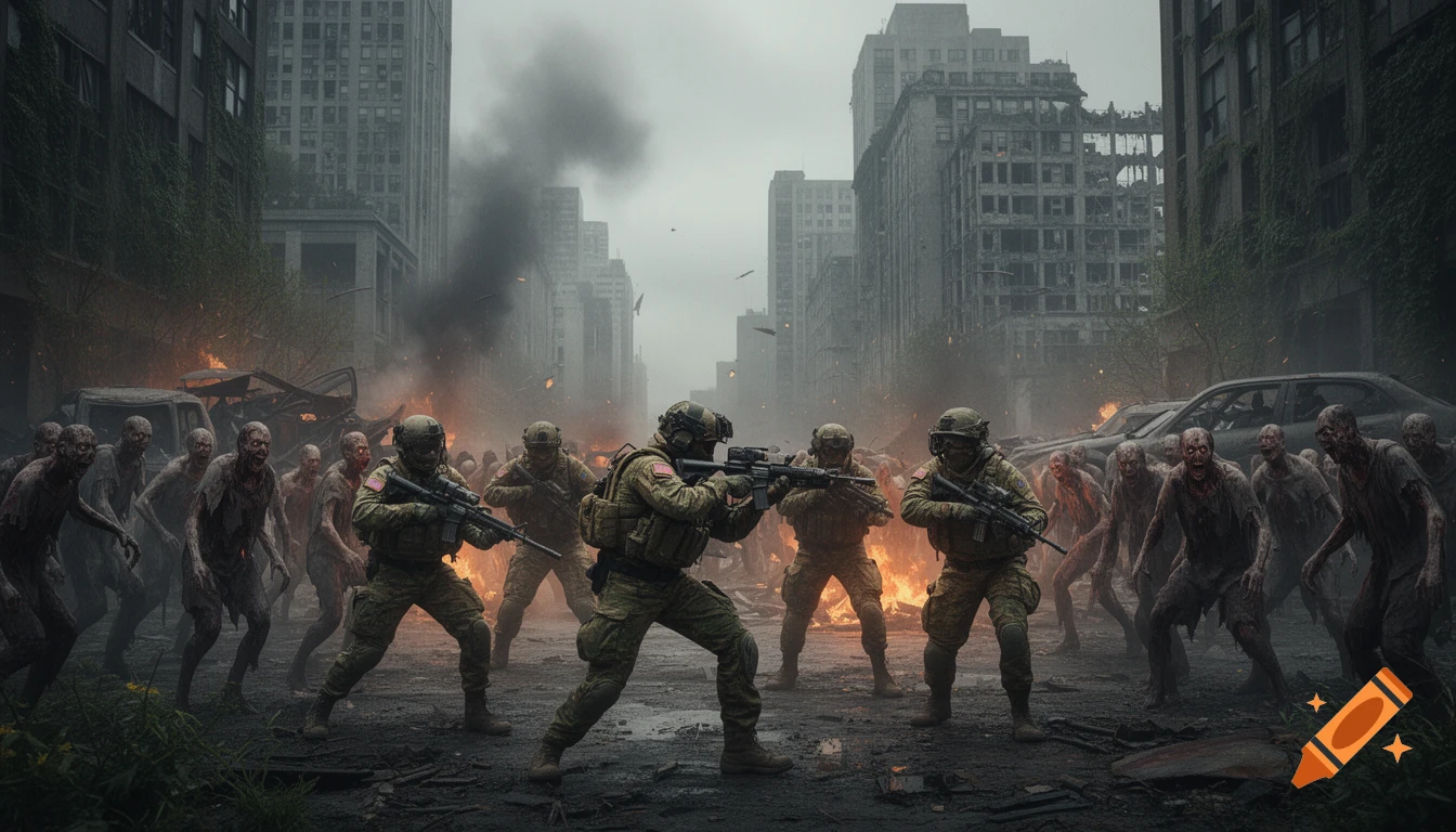 Photorealistic image of soldiers battling a horde of zombies in a ruined, burning city under a gloomy sky.