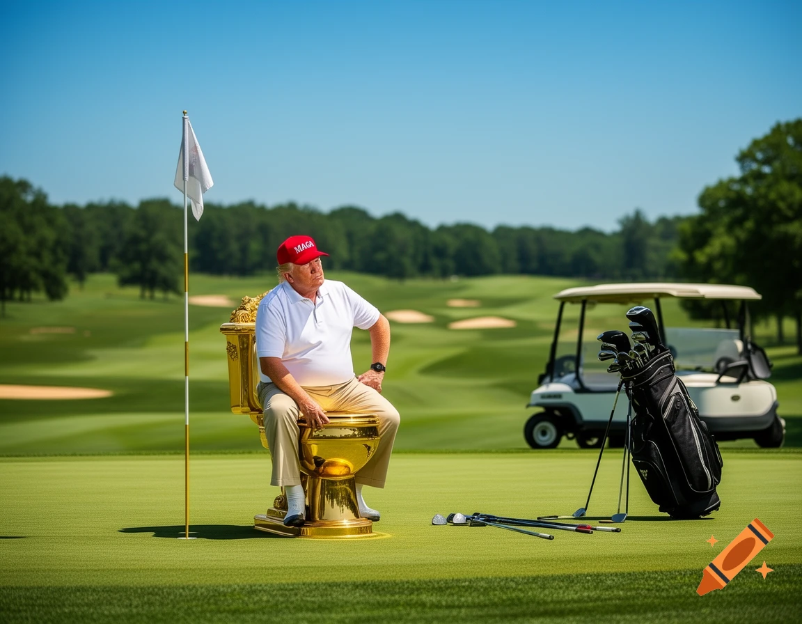 Donald Trump sits on a golden toilet on a golf course, with golf clubs and a cart nearby, under a clear blue sky.