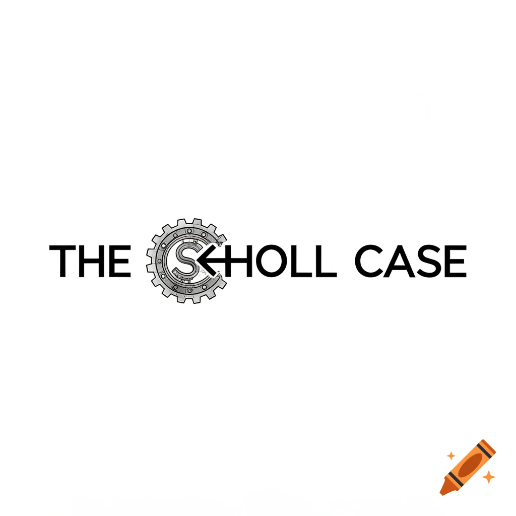 A minimalist black and white logo featuring the text "THE SCHOLL CASE." The letter 'O' in "SCHOLL" is replaced by a mechanical gear containing an 'S' and a left-pointing arrow.
