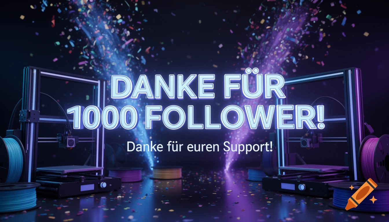 Vibrant 3D animation with text "DANKE FÜR 1000 FOLLOWER!" and "Danke für euren Support!" surrounded by 3D printers and confetti.