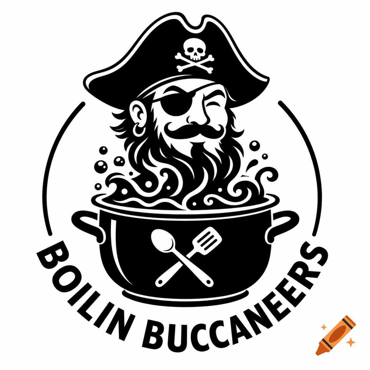 Black and white minimalist logo of a pirate's head emerging from a boiling pot with text 'BOILIN BUCCANEERS'.