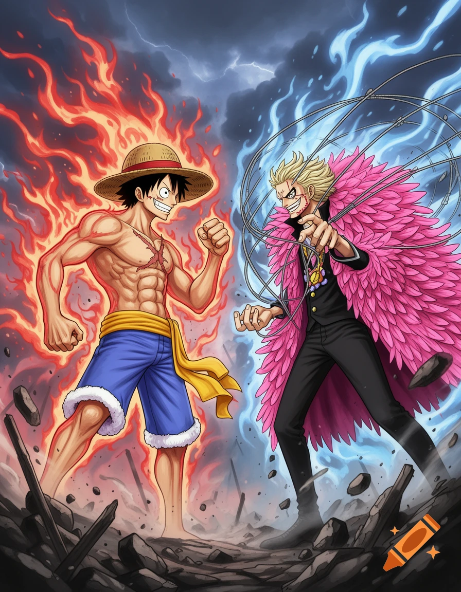 Luffy, wreathed in red flames, faces Doflamingo, surrounded by blue energy and threads, in an intense anime battle.