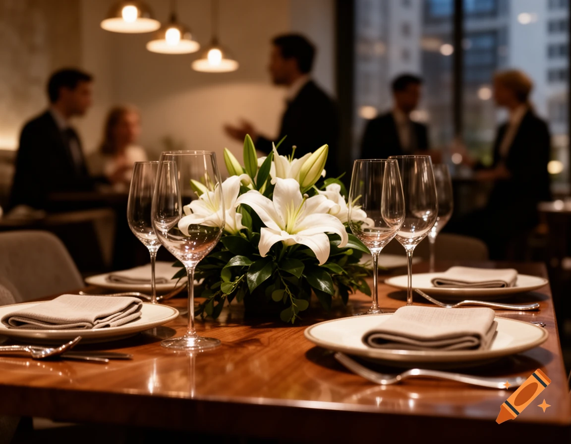 A beautifully set table with white lilies, wine glasses, and plates in a fine dining restaurant, with blurred diners in the background.
