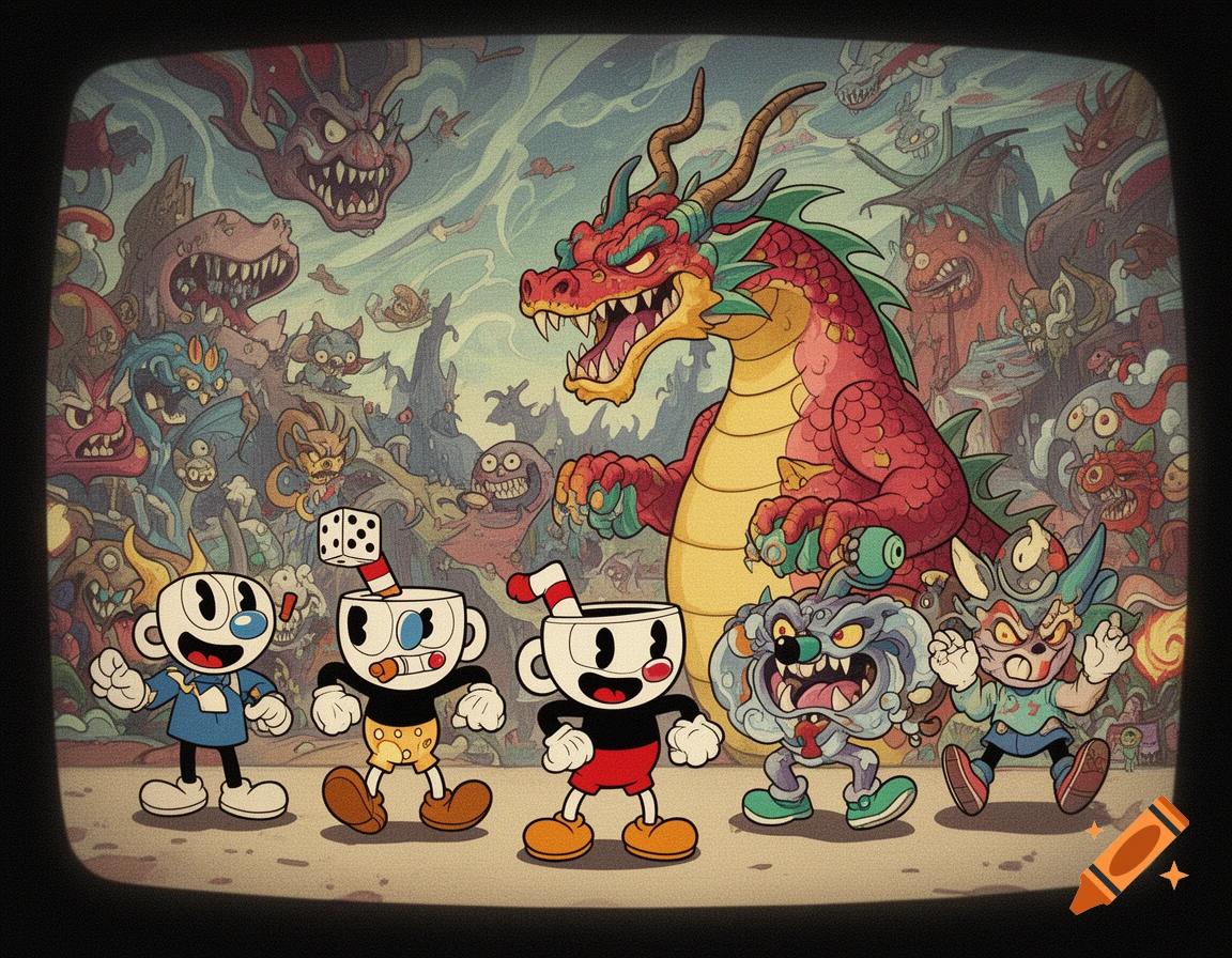 Cuphead-style characters and monsters face a red dragon and a horde of cartoon creatures in a retro animation.