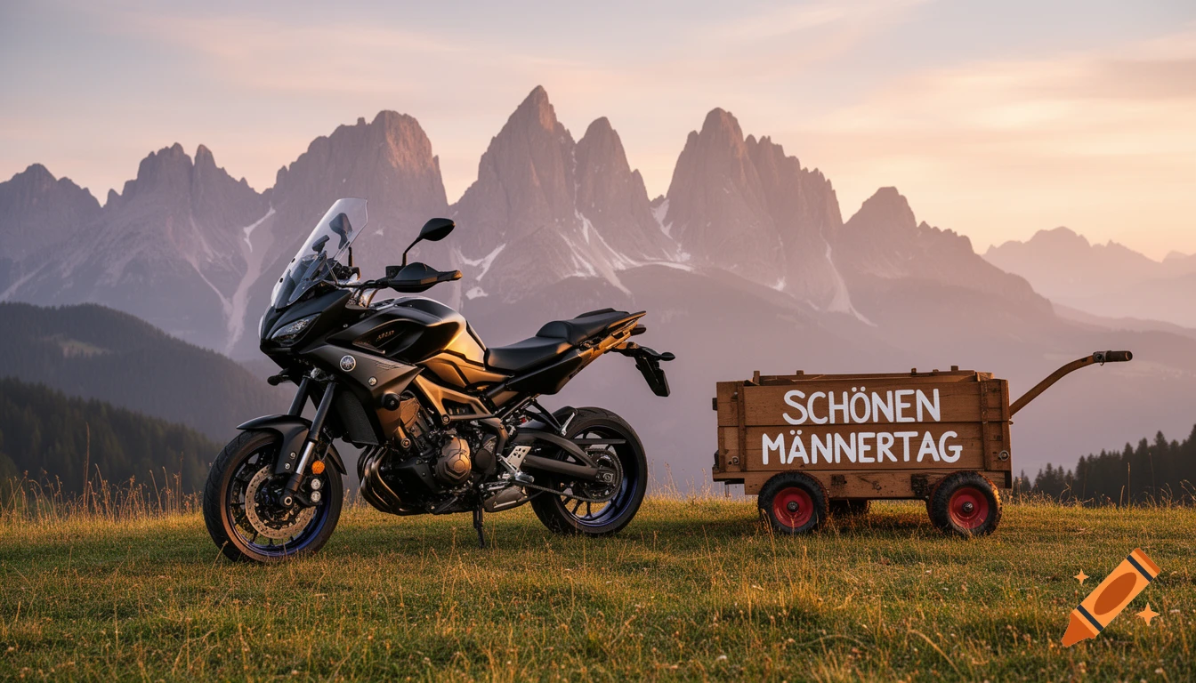 A black Yamaha motorcycle is parked on a grassy hill next to a wooden wagon with "SCHÖNEN MÄNNERTAG" written on it, set against majestic mountains at sunrise.