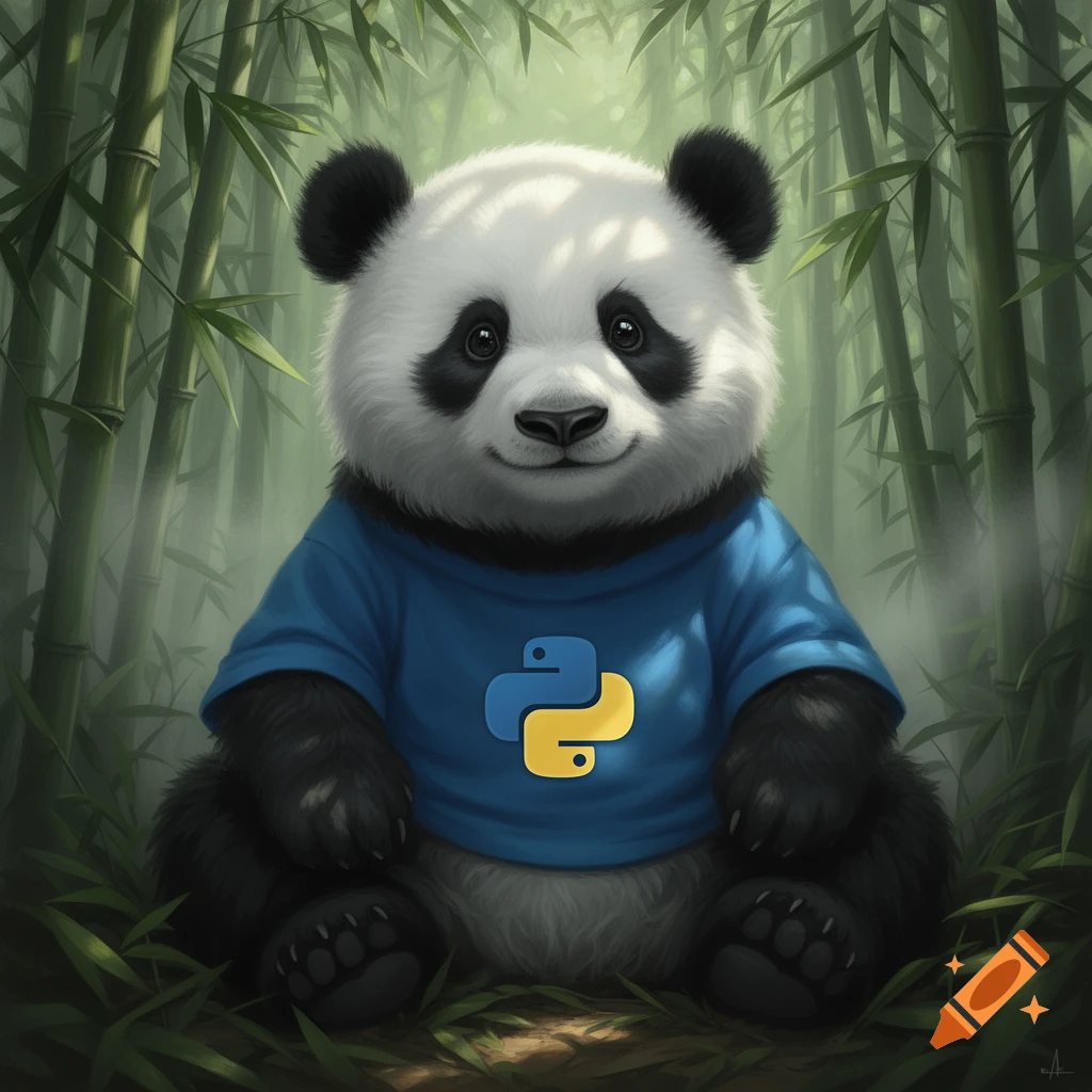 A cute panda wearing a blue t-shirt with the yellow and blue Python programming language logo, sitting in a bamboo forest.