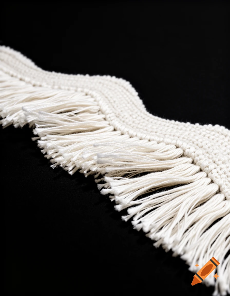 White macrame fringe with tassels on a black background.